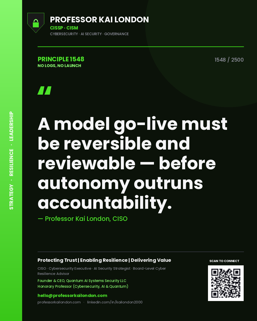 Quote card by Professor Kai London reading 'A model go-live must be reversible and reviewable — before autonomy outruns accountability.'. From the book No Logs, No Launch.