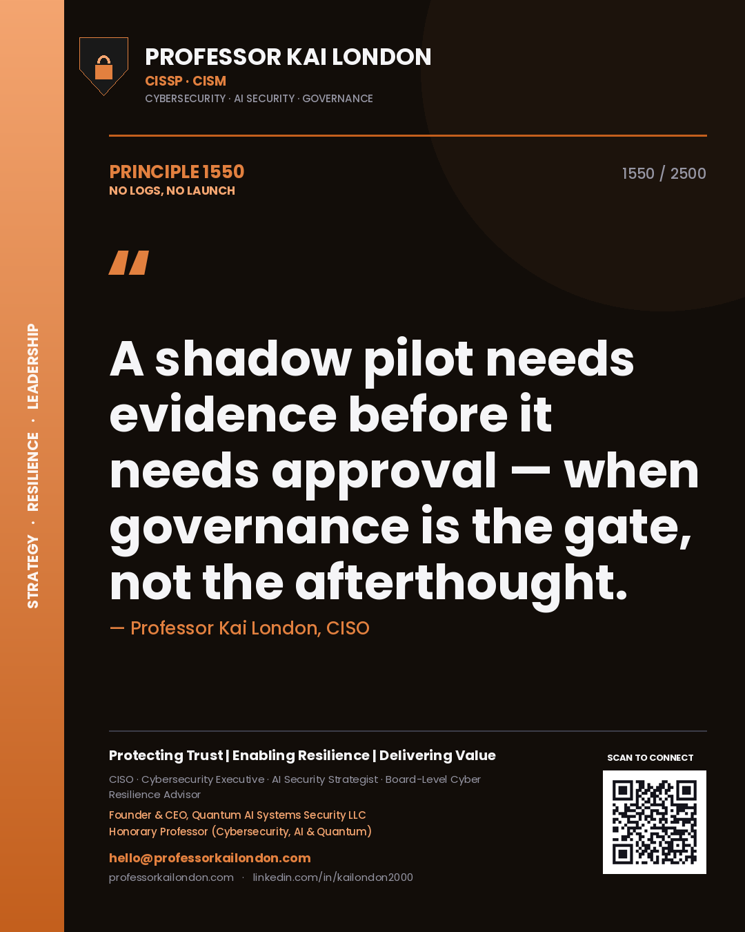 Quote card by Professor Kai London reading 'A shadow pilot needs evidence before it needs approval — when governance is the gate, not the afterthought.'. From the book No Logs, No Launch.