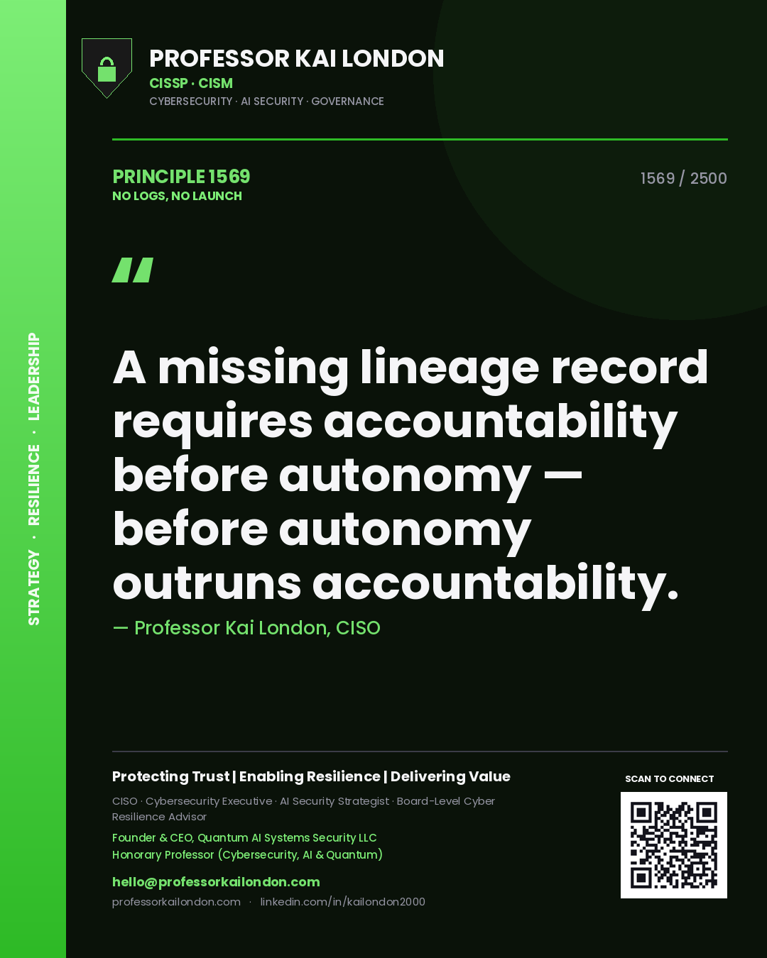 Quote card by Professor Kai London reading 'A missing lineage record requires accountability before autonomy — before autonomy outruns accountability.'. From the book No Logs, No Launch.
