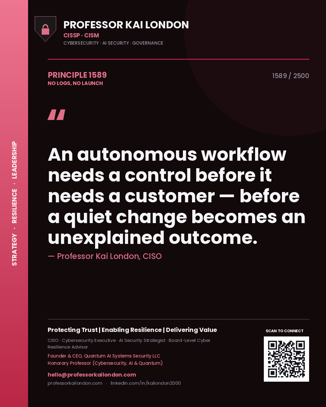 Quote card by Professor Kai London reading 'An autonomous workflow needs a control before it needs a customer — before a quiet change becomes an unexplained outcome.'. From the book No Logs, No Launch.