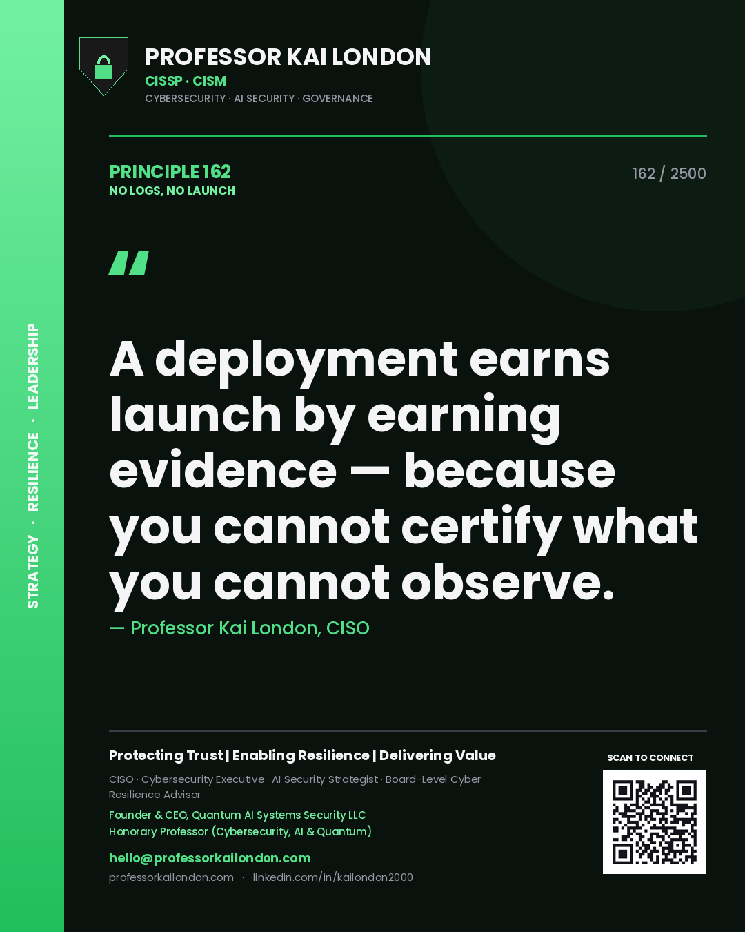 Quote card by Professor Kai London reading 'A deployment earns launch by earning evidence — because you cannot certify what you cannot observe.'. From the book No Logs, No Launch.
