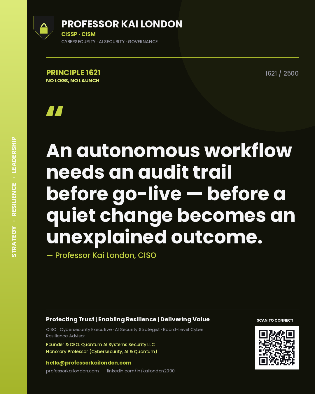Professor Kai London principle 1621: An autonomous workflow needs an audit trail before go-live — before a quiet change becomes an unexplained outcome.
