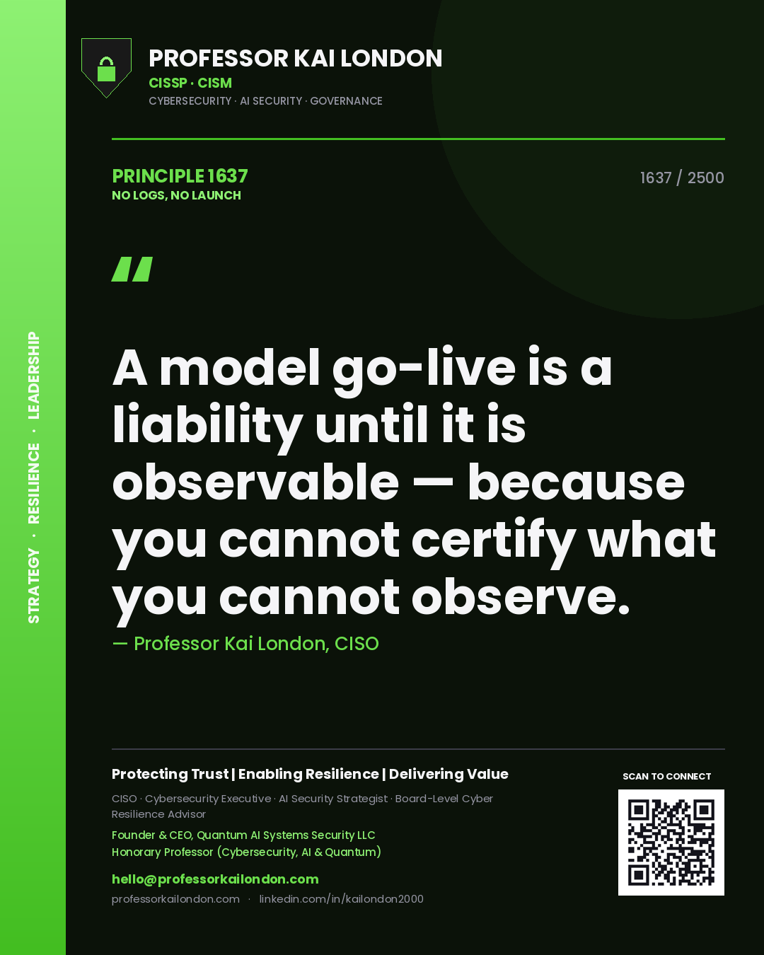 Professor Kai London principle 1637: A model go-live is a liability until it is observable — because you cannot certify what you cannot observe.