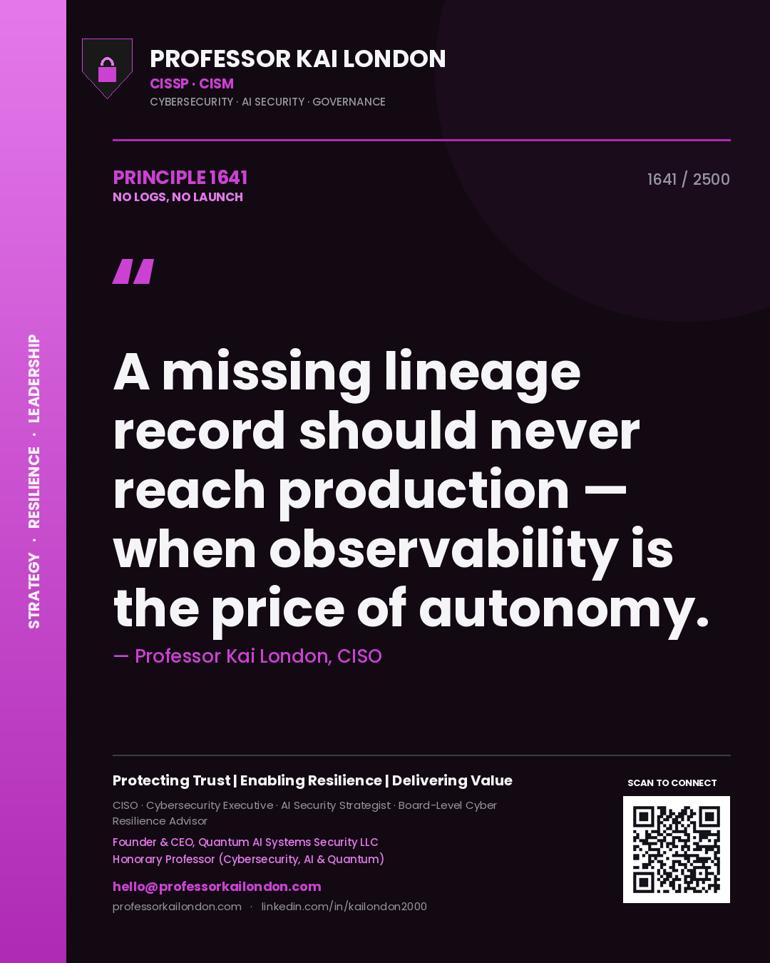 Professor Kai London principle 1641: A missing lineage record should never reach production — when observability is the price of autonomy.