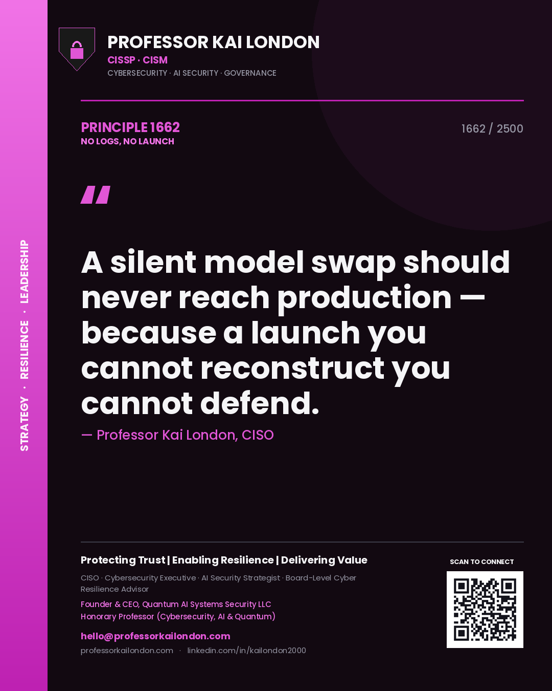 Quote card by Professor Kai London reading 'A silent model swap should never reach production — because a launch you cannot reconstruct you cannot defend.'. From the book No Logs, No Launch.