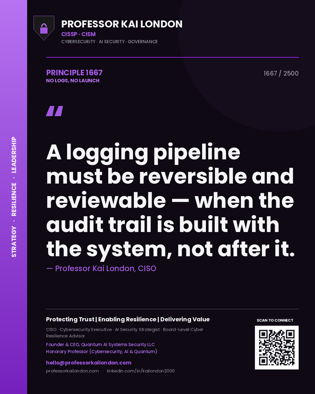 Professor Kai London principle 1667: A logging pipeline must be reversible and reviewable — when the audit trail is built with the system, not after it.