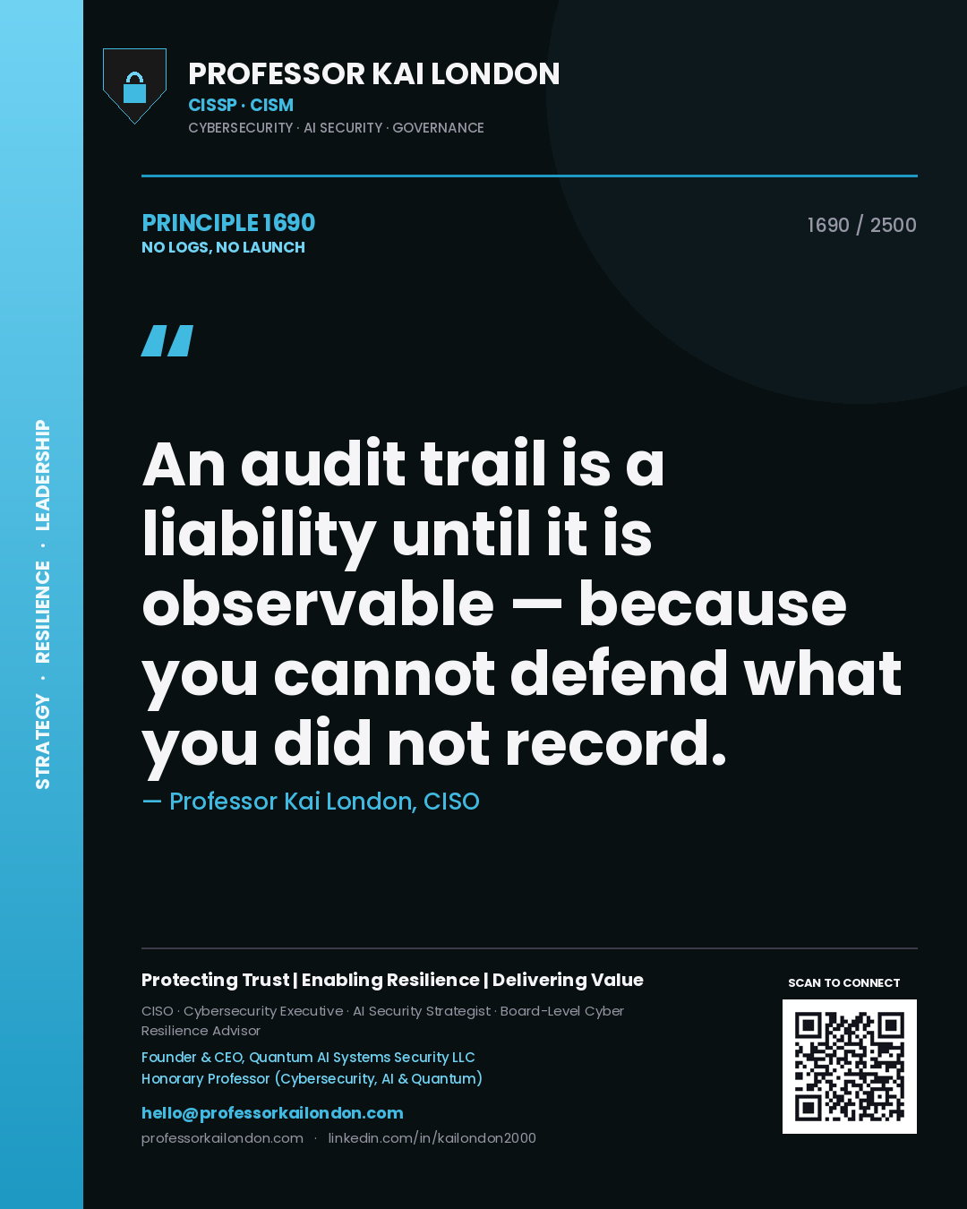 Professor Kai London principle 1690: An audit trail is a liability until it is observable — because you cannot defend what you did not record.