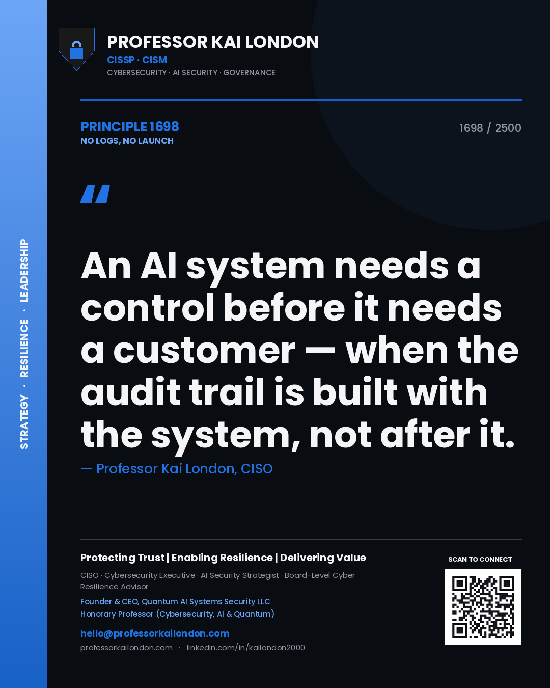Professor Kai London principle 1698: An AI system needs a control before it needs a customer — when the audit trail is built with the system, not after it.