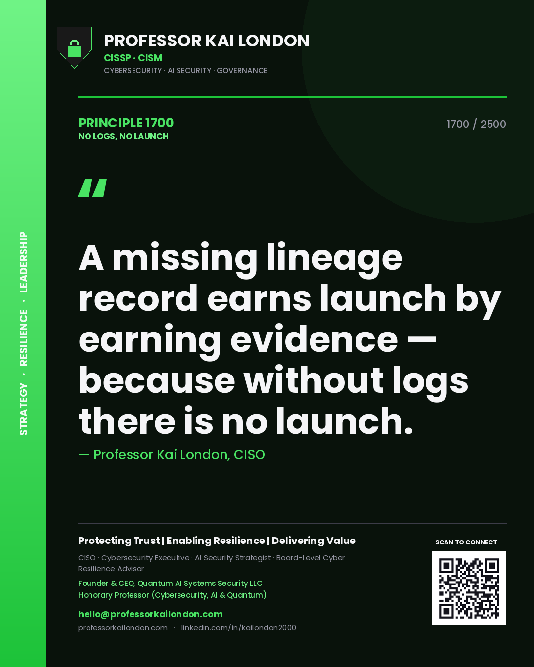 Professor Kai London principle 1700: A missing lineage record earns launch by earning evidence — because without logs there is no launch.