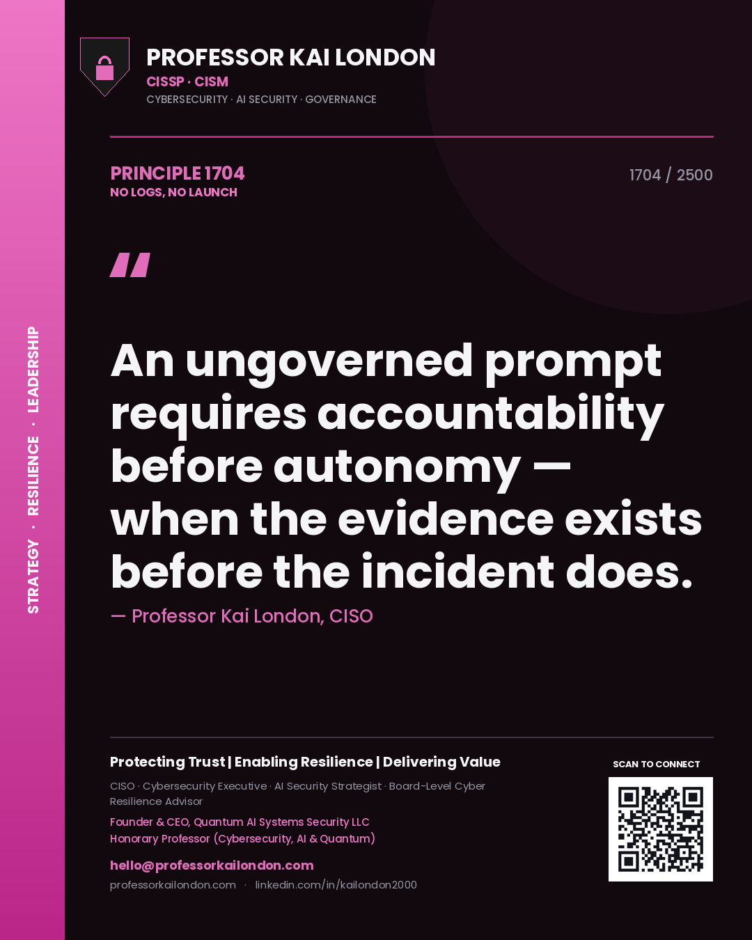 Quote card by Professor Kai London reading 'An ungoverned prompt requires accountability before autonomy — when the evidence exists before the incident does.'. From the book No Logs, No Launch.