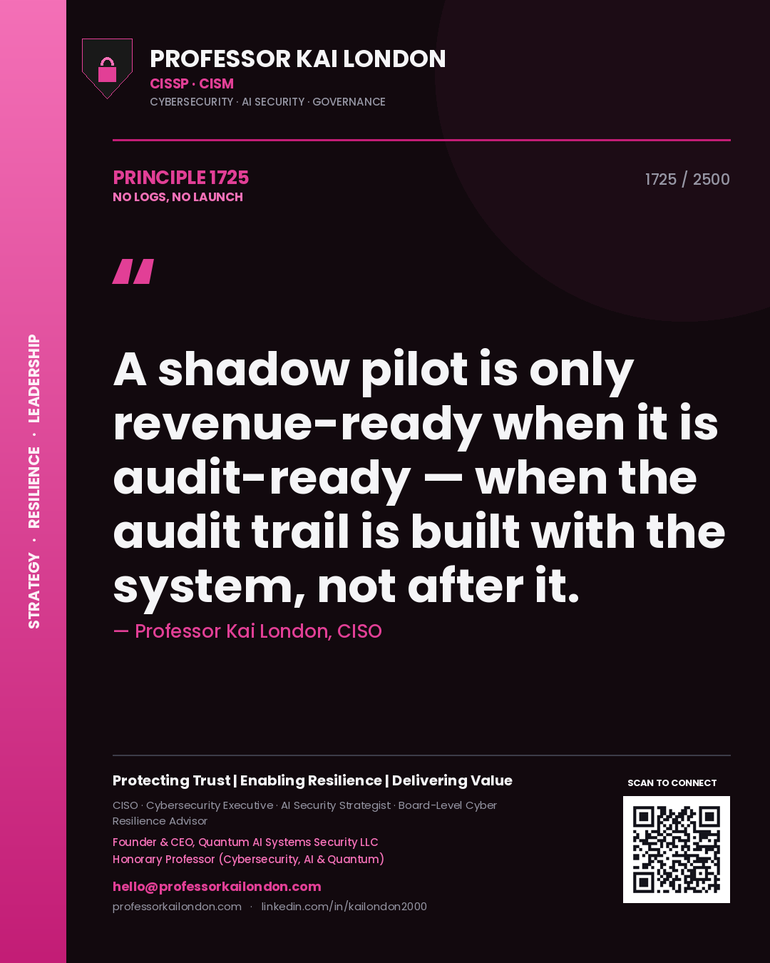 Quote card by Professor Kai London reading 'A shadow pilot is only revenue-ready when it is audit-ready — when the audit trail is built with the system, not after it.'. From the book No Logs, No Launch.