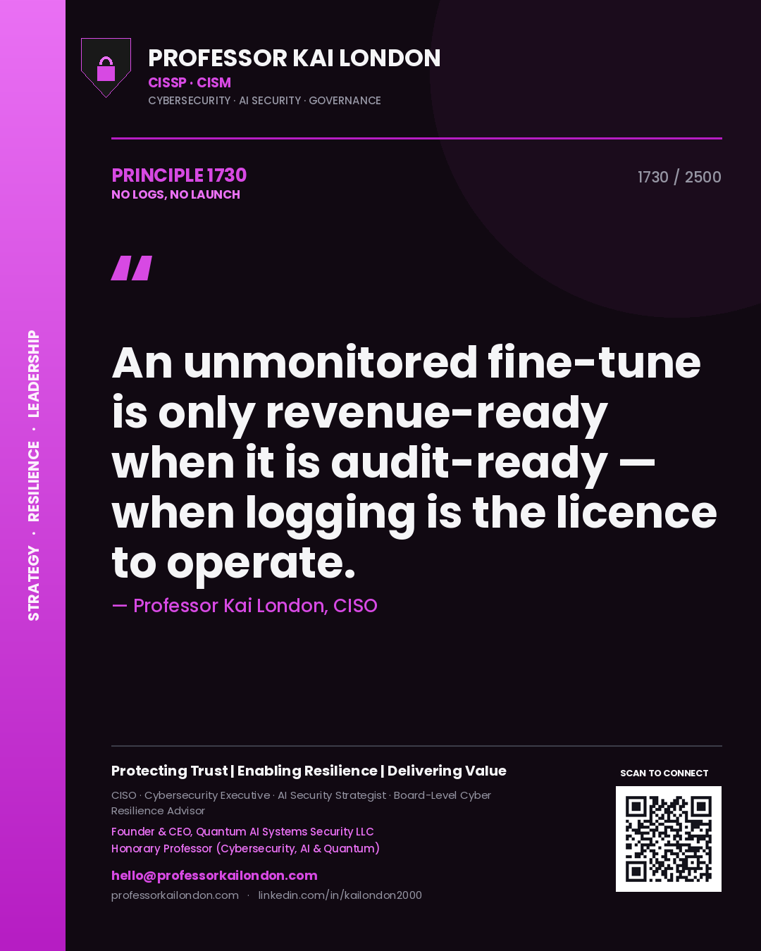 Quote card by Professor Kai London reading 'An unmonitored fine-tune is only revenue-ready when it is audit-ready — when logging is the licence to operate.'. From the book No Logs, No Launch.