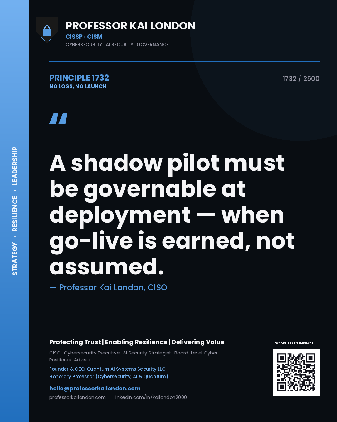 Professor Kai London principle 1732: A shadow pilot must be governable at deployment — when go-live is earned, not assumed.
