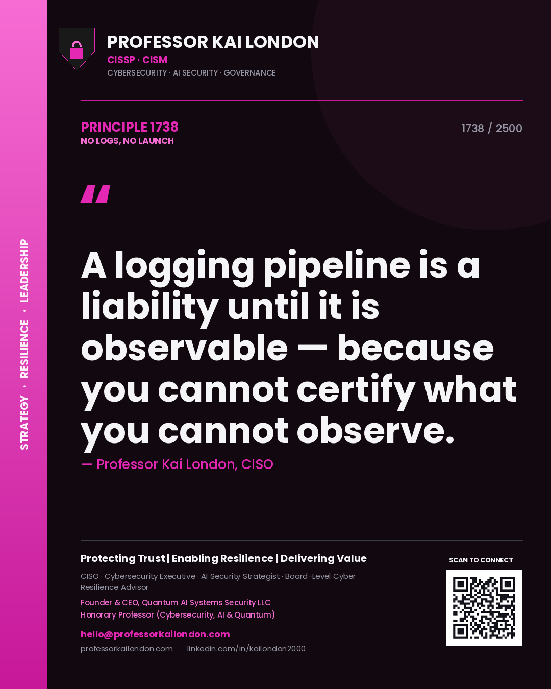 Professor Kai London principle 1738: A logging pipeline is a liability until it is observable — because you cannot certify what you cannot observe.