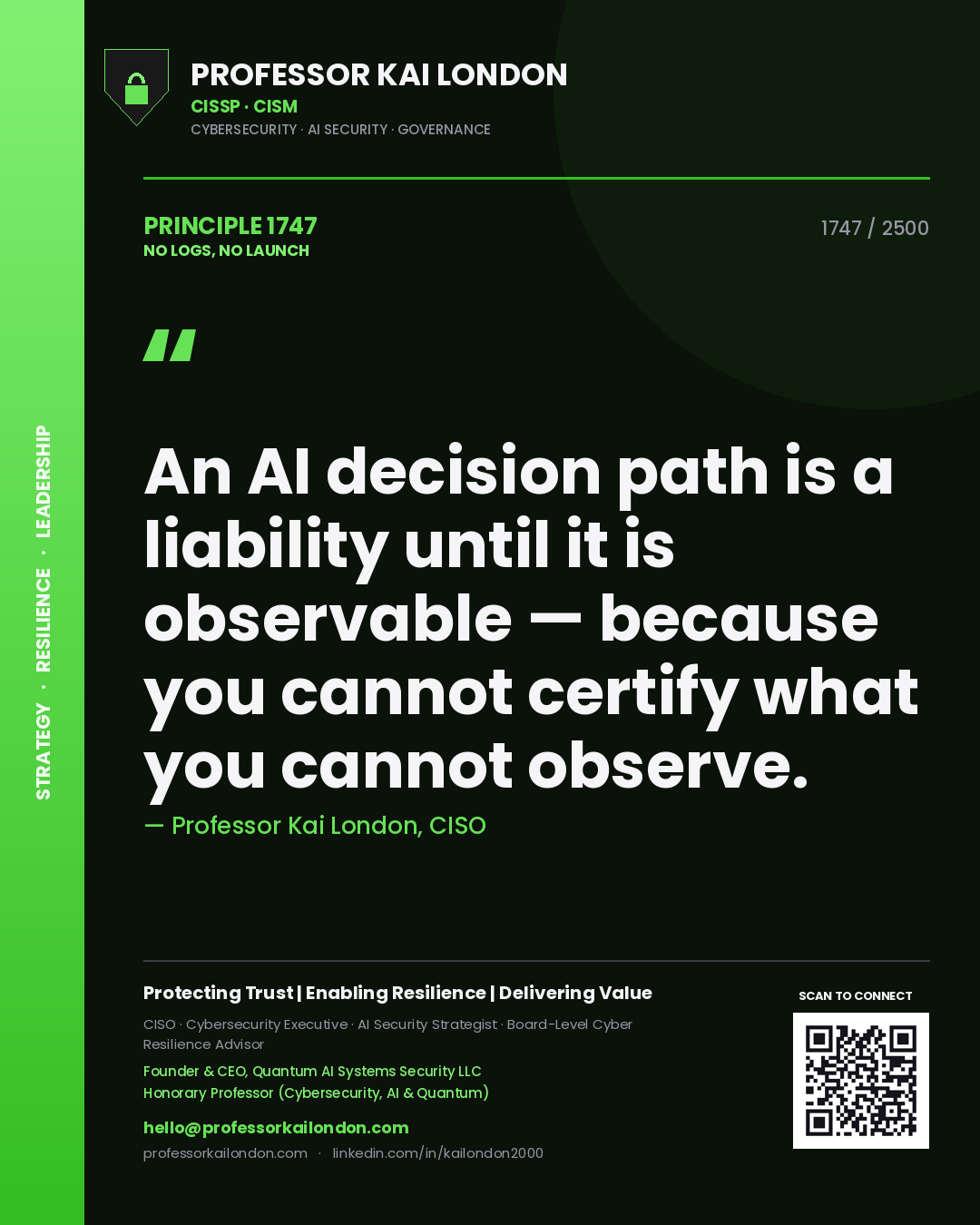 Quote card by Professor Kai London reading 'An AI decision path is a liability until it is observable — because you cannot certify what you cannot observe.'. From the book No Logs, No Launch.