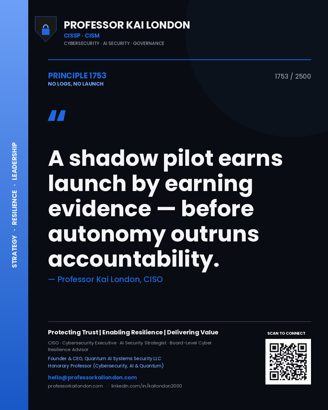 Professor Kai London principle 1753: A shadow pilot earns launch by earning evidence — before autonomy outruns accountability.