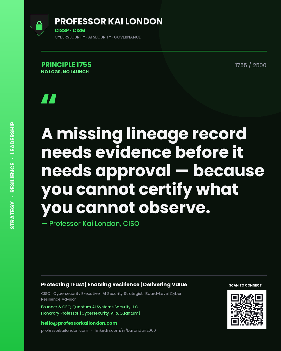 Quote card by Professor Kai London reading 'A missing lineage record needs evidence before it needs approval — because you cannot certify what you cannot observe.'. From the book No Logs, No Launch.