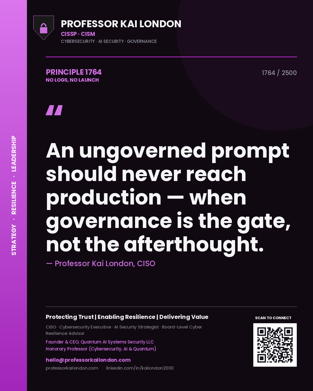 Quote card by Professor Kai London reading 'An ungoverned prompt should never reach production — when governance is the gate, not the afterthought.'. From the book No Logs, No Launch.