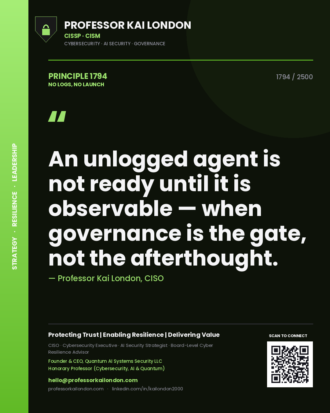 Professor Kai London principle 1794: An unlogged agent is not ready until it is observable — when governance is the gate, not the afterthought.