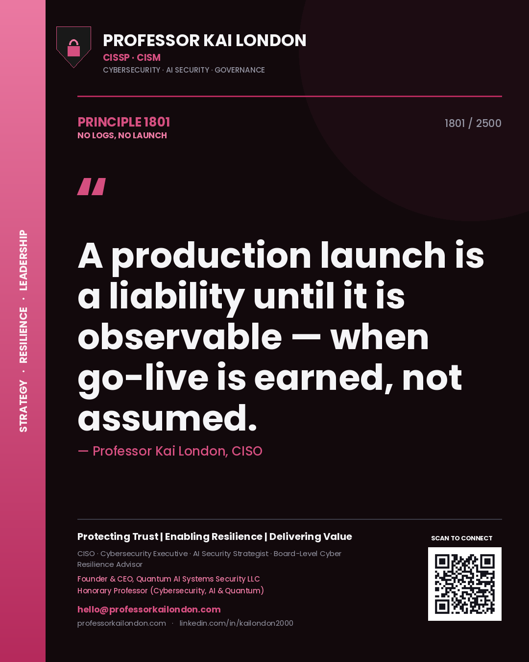 Professor Kai London principle 1801: A production launch is a liability until it is observable — when go-live is earned, not assumed.