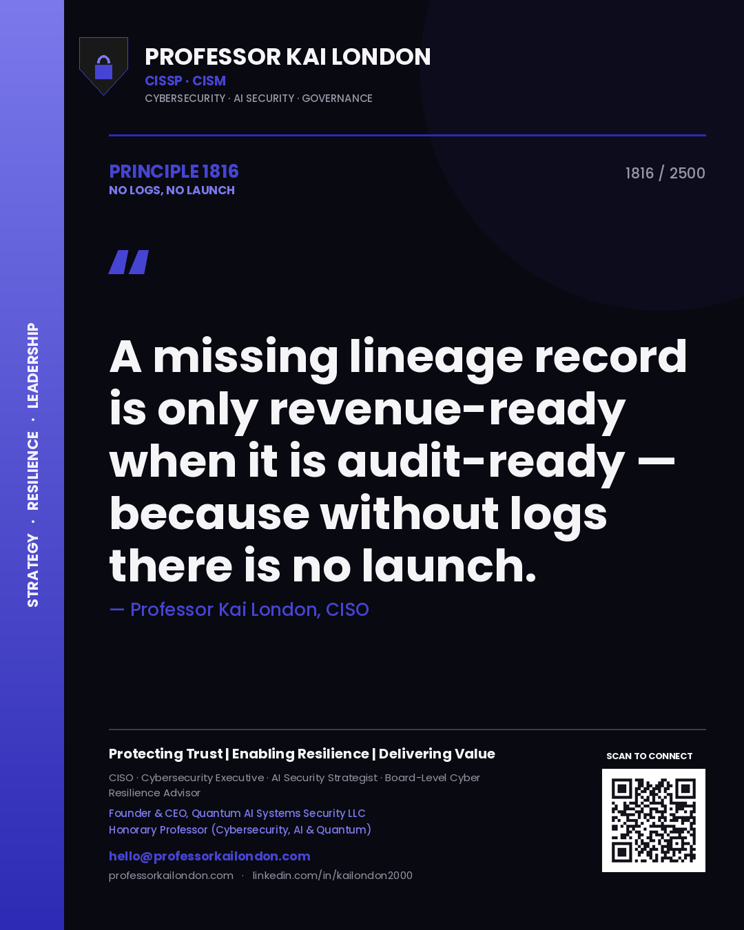 Quote card by Professor Kai London reading 'A missing lineage record is only revenue-ready when it is audit-ready — because without logs there is no launch.'. From the book No Logs, No Launch.