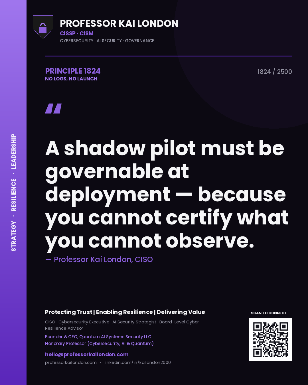 Quote card by Professor Kai London reading 'A shadow pilot must be governable at deployment — because you cannot certify what you cannot observe.'. From the book No Logs, No Launch.