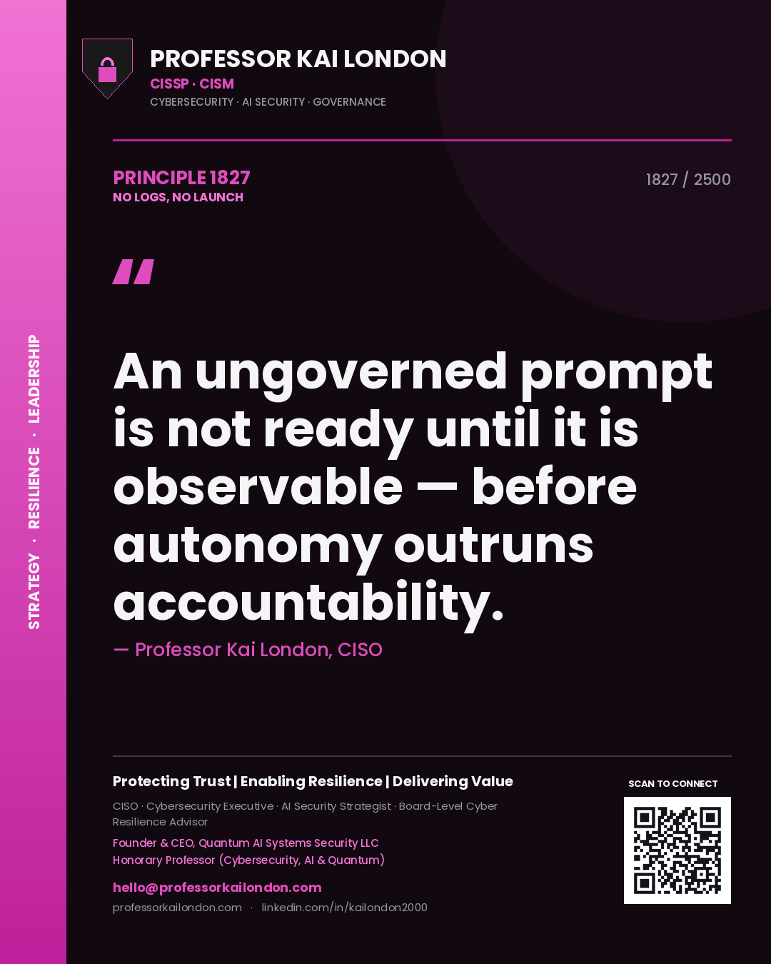 Professor Kai London principle 1827: An ungoverned prompt is not ready until it is observable — before autonomy outruns accountability.
