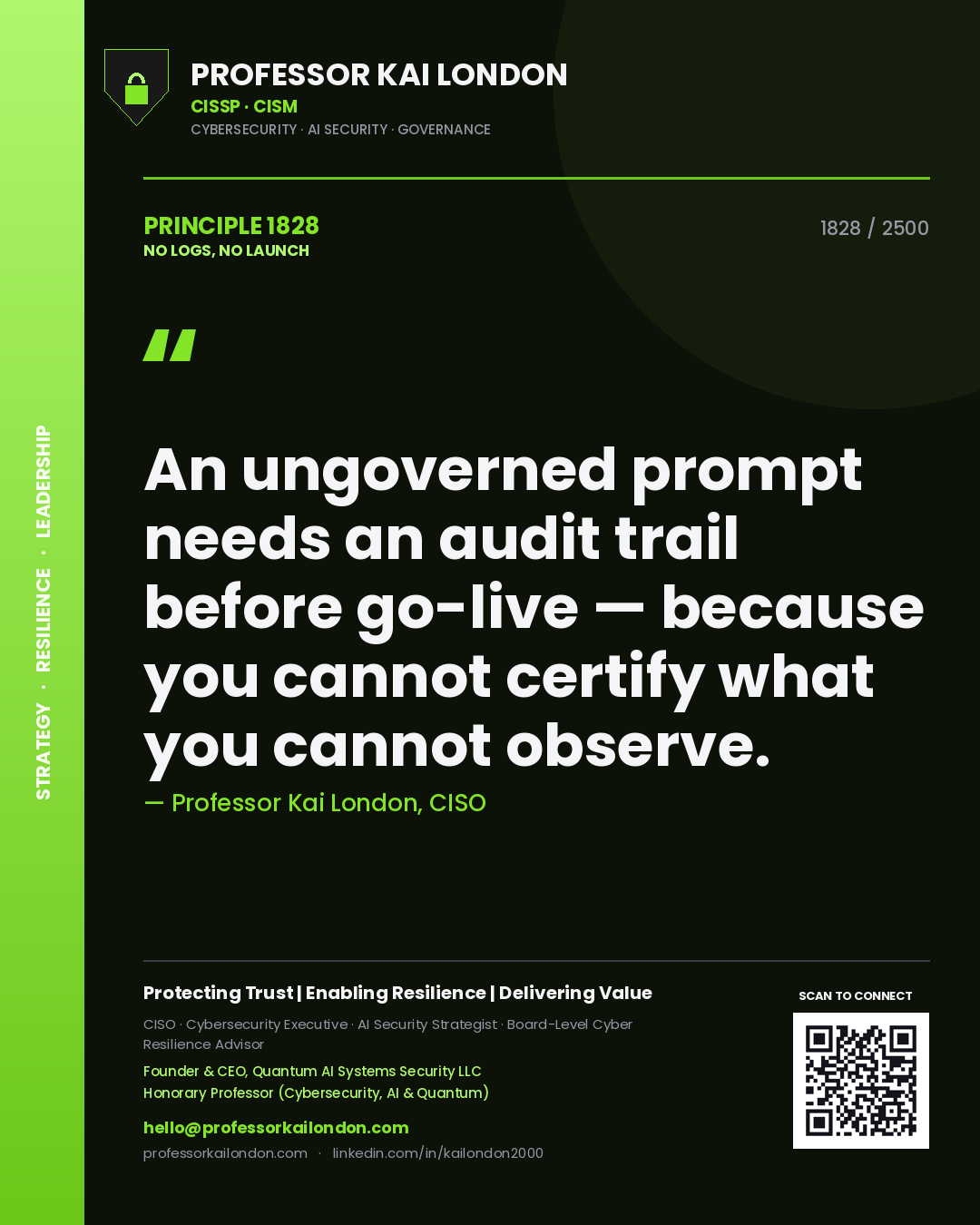 Professor Kai London principle 1828: An ungoverned prompt needs an audit trail before go-live — because you cannot certify what you cannot observe.