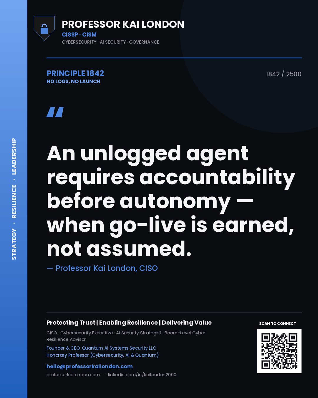 Quote card by Professor Kai London reading 'An unlogged agent requires accountability before autonomy — when go-live is earned, not assumed.'. From the book No Logs, No Launch.