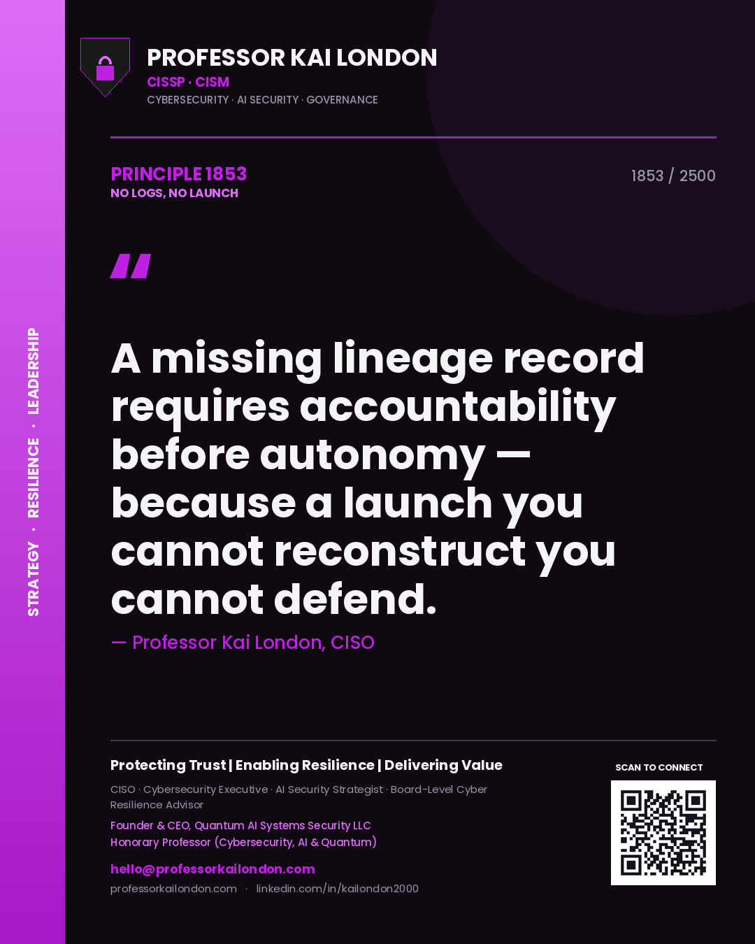 Professor Kai London principle 1853: A missing lineage record requires accountability before autonomy — because a launch you cannot reconstruct you cannot defend.