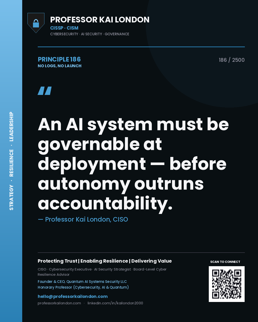 Professor Kai London principle 186: An AI system must be governable at deployment — before autonomy outruns accountability.