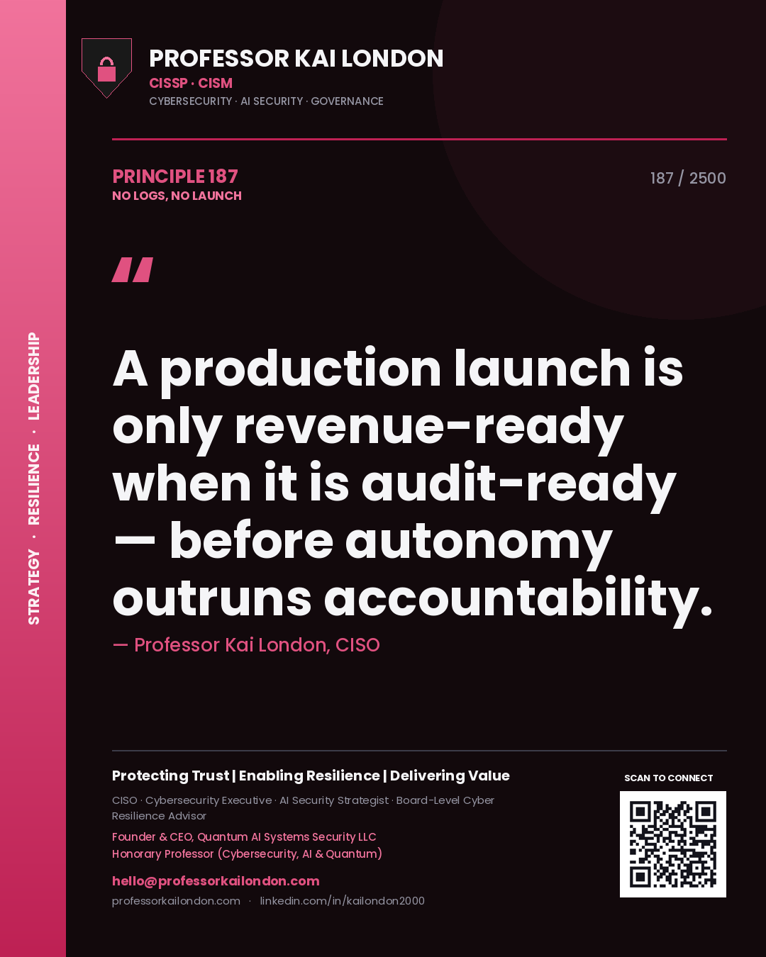 Quote card by Professor Kai London reading 'A production launch is only revenue-ready when it is audit-ready — before autonomy outruns accountability.'. From the book No Logs, No Launch.