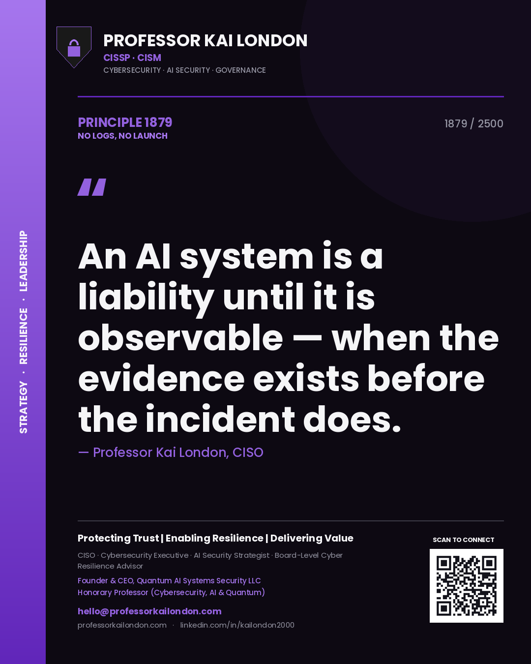 Professor Kai London principle 1879: An AI system is a liability until it is observable — when the evidence exists before the incident does.