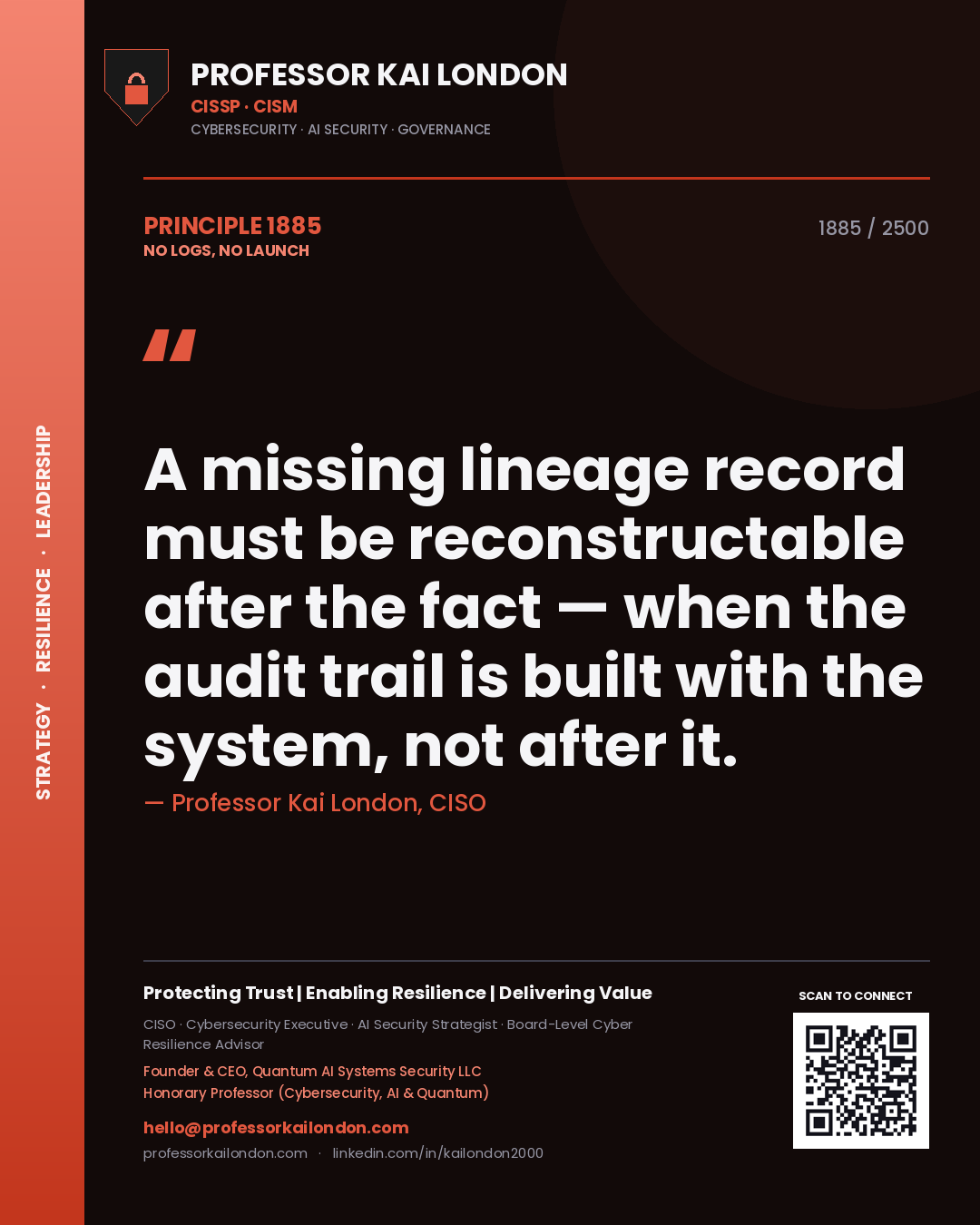 Professor Kai London principle 1885: A missing lineage record must be reconstructable after the fact — when the audit trail is built with the system, not after it.