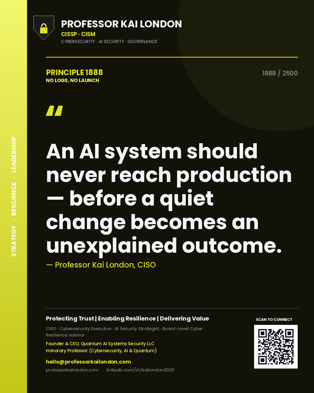 Professor Kai London principle 1888: An AI system should never reach production — before a quiet change becomes an unexplained outcome.