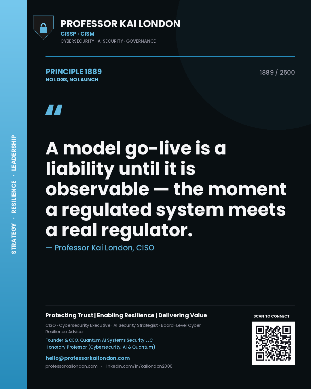 Professor Kai London principle 1889: A model go-live is a liability until it is observable — the moment a regulated system meets a real regulator.
