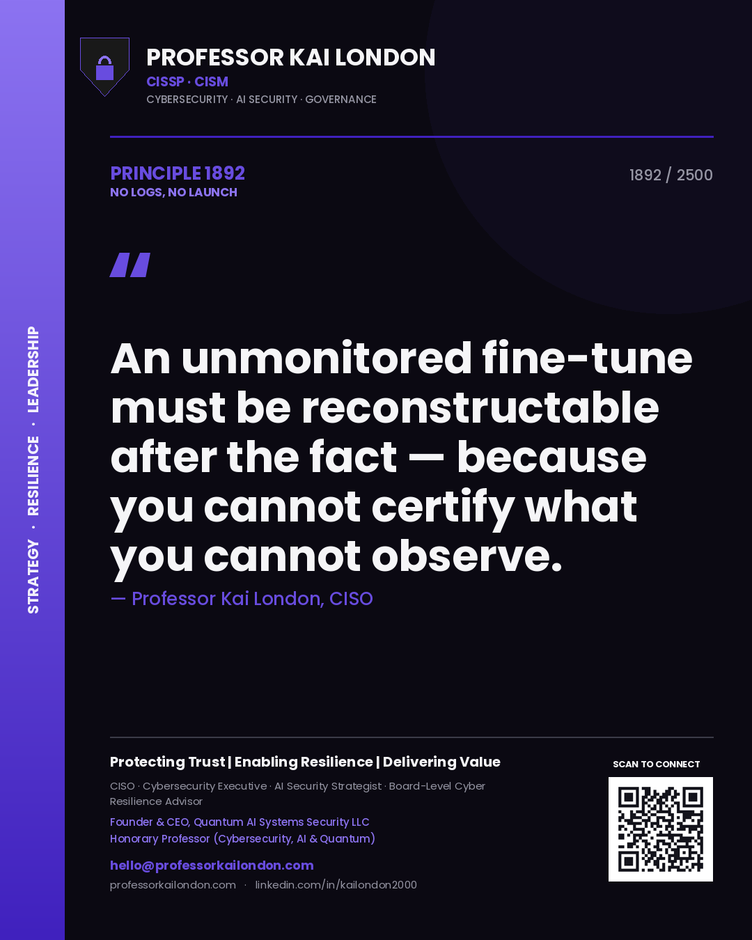Professor Kai London principle 1892: An unmonitored fine-tune must be reconstructable after the fact — because you cannot certify what you cannot observe.