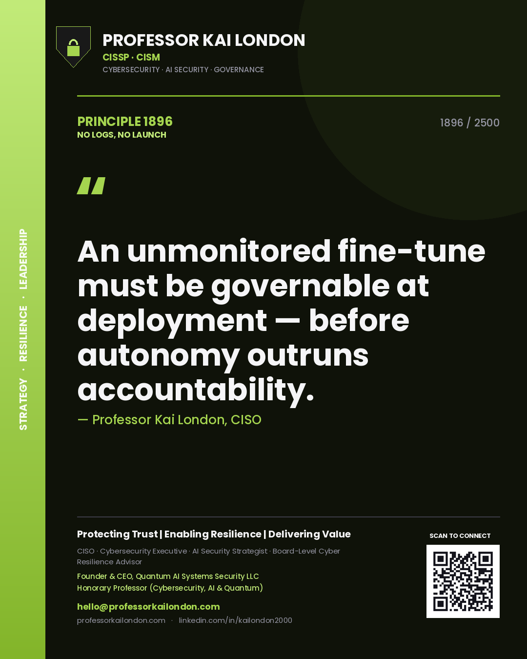 Quote card by Professor Kai London reading 'An unmonitored fine-tune must be governable at deployment — before autonomy outruns accountability.'. From the book No Logs, No Launch.