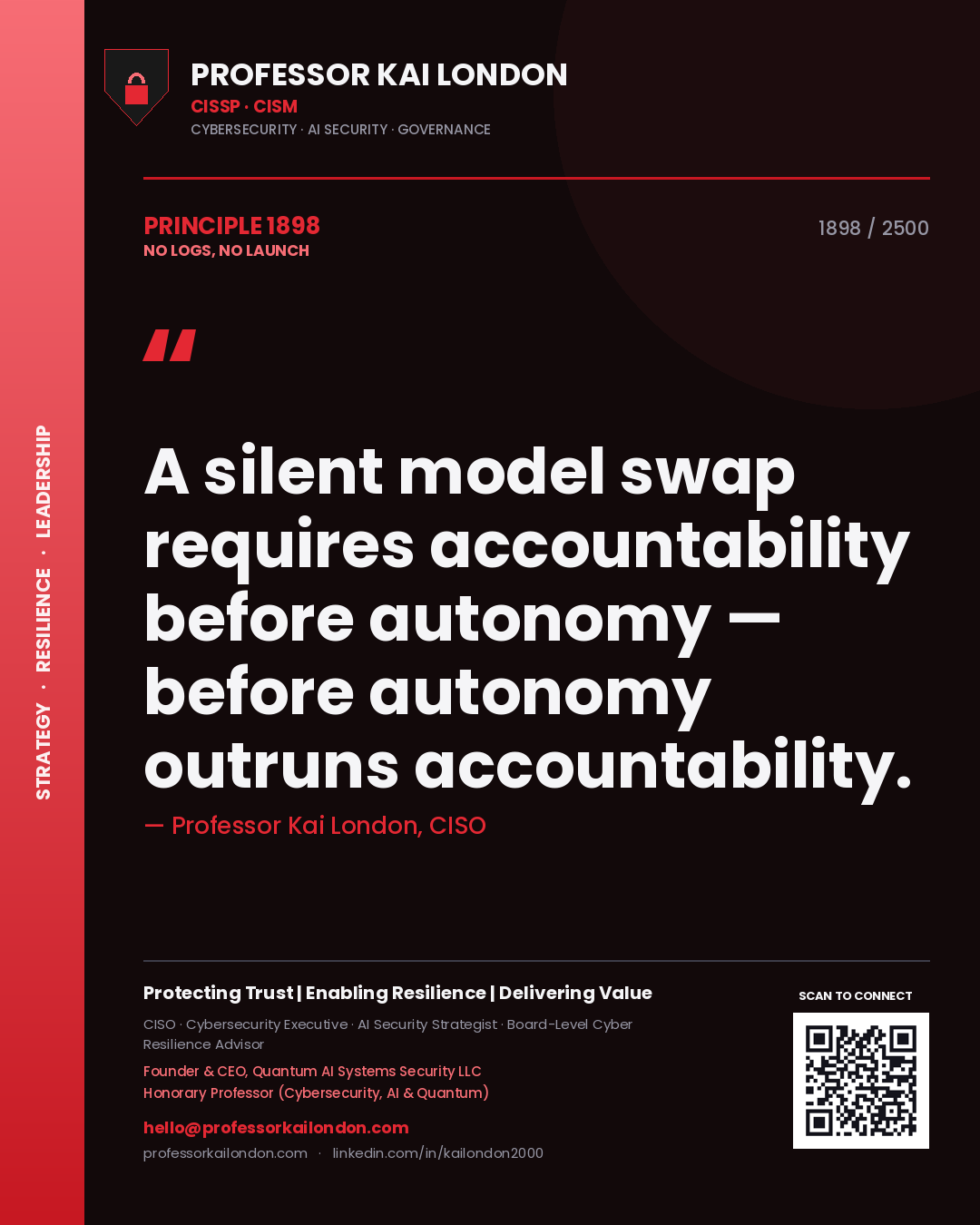 Professor Kai London principle 1898: A silent model swap requires accountability before autonomy — before autonomy outruns accountability.