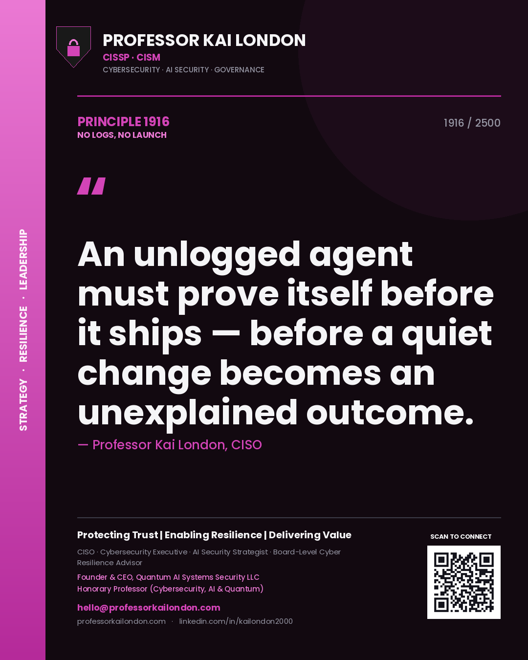 Professor Kai London principle 1916: An unlogged agent must prove itself before it ships — before a quiet change becomes an unexplained outcome.