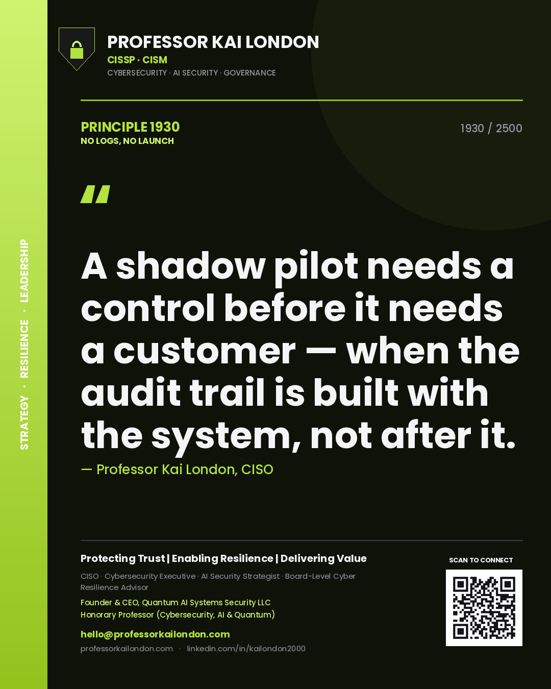 Quote card by Professor Kai London reading 'A shadow pilot needs a control before it needs a customer — when the audit trail is built with the system, not after it.'. From the book No Logs, No Launch.