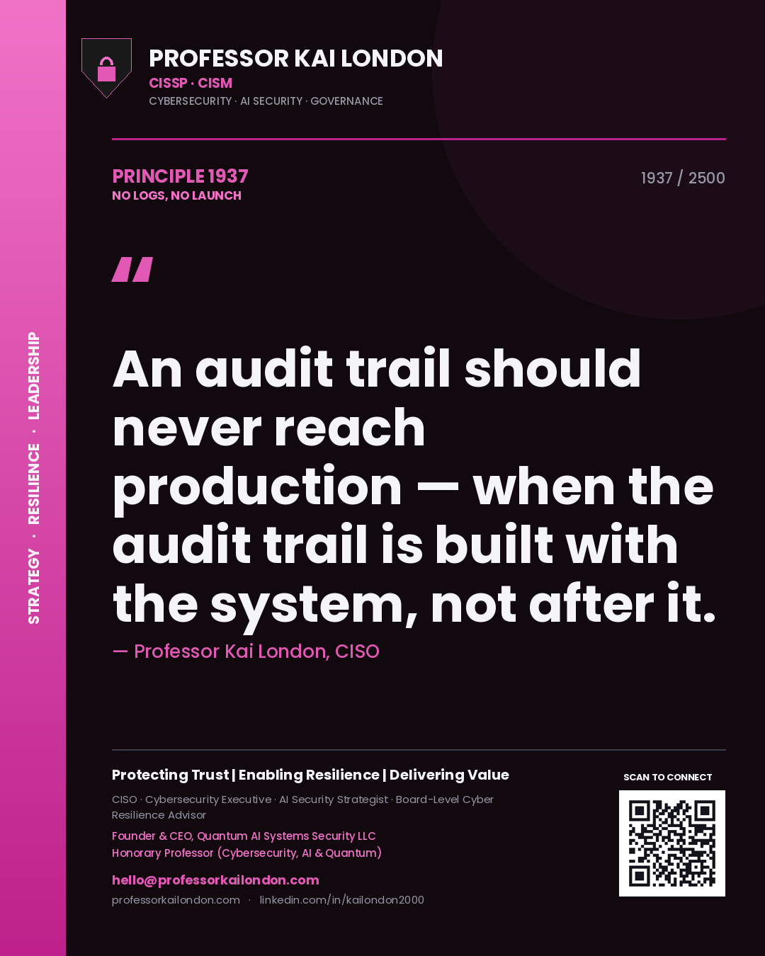 Professor Kai London principle 1937: An audit trail should never reach production — when the audit trail is built with the system, not after it.