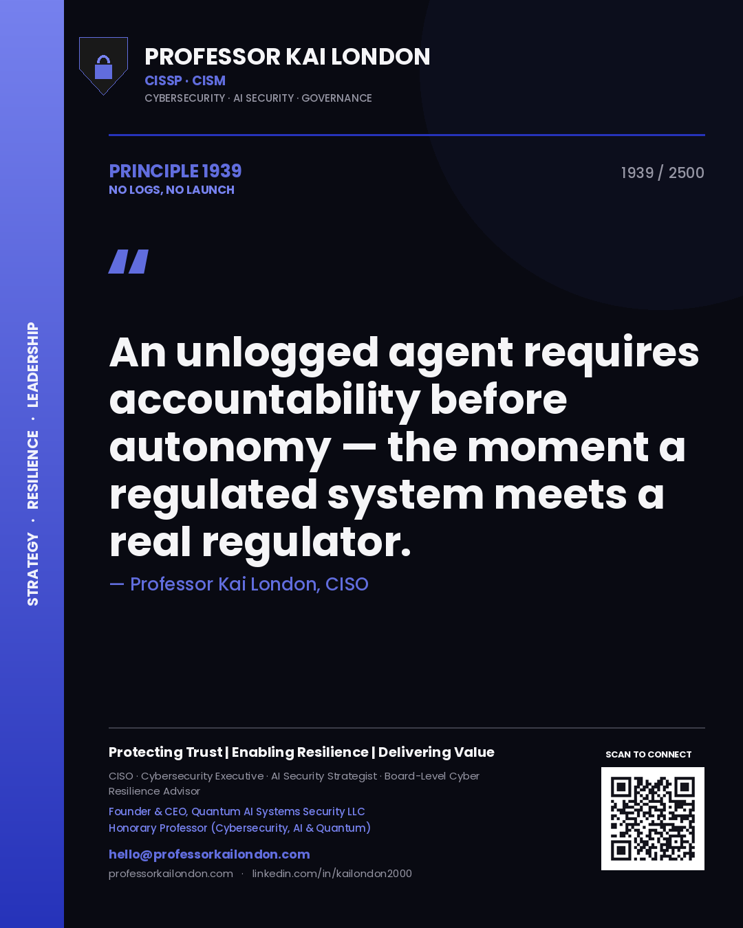 Professor Kai London principle 1939: An unlogged agent requires accountability before autonomy — the moment a regulated system meets a real regulator.