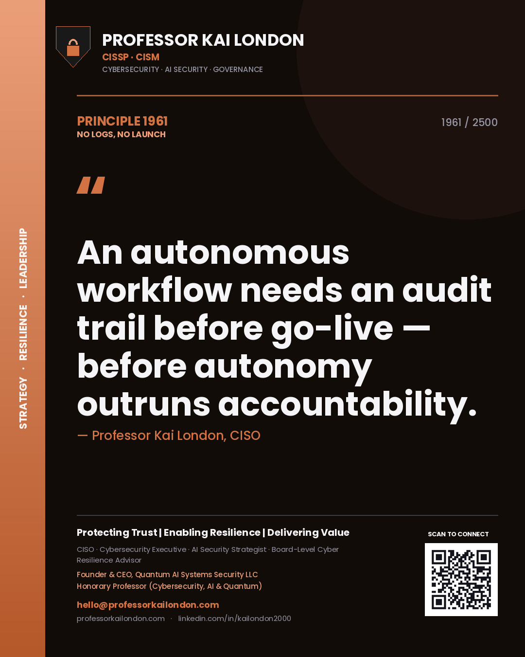 Professor Kai London principle 1961: An autonomous workflow needs an audit trail before go-live — before autonomy outruns accountability.