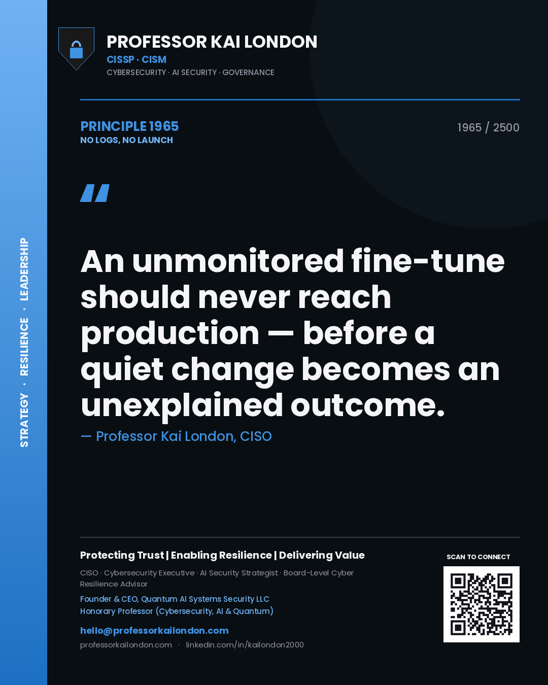 Professor Kai London principle 1965: An unmonitored fine-tune should never reach production — before a quiet change becomes an unexplained outcome.