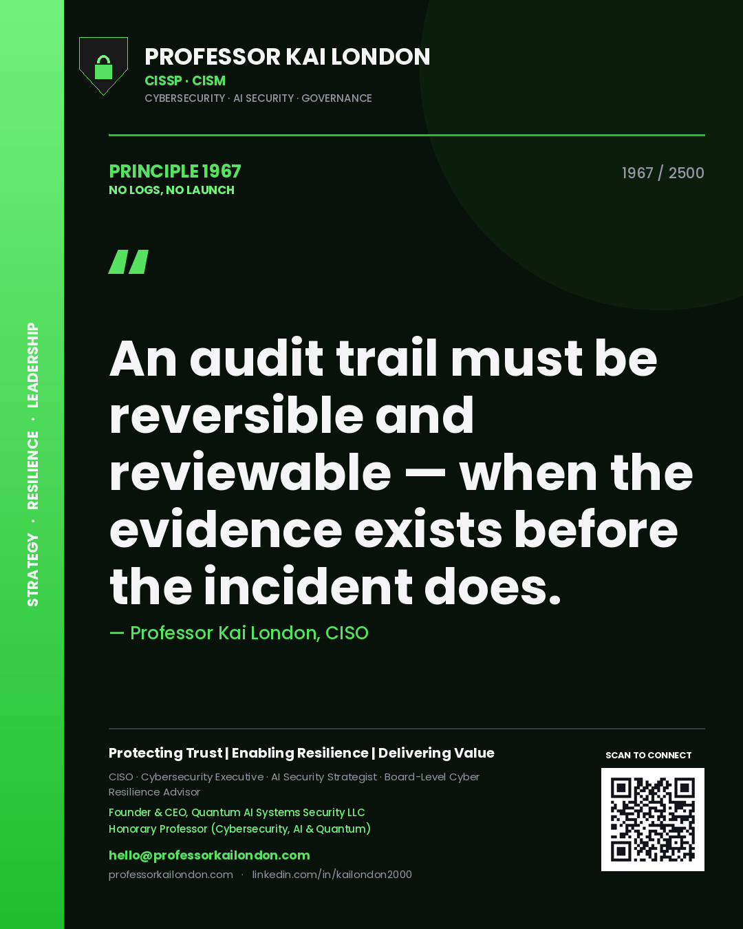 Professor Kai London principle 1967: An audit trail must be reversible and reviewable — when the evidence exists before the incident does.