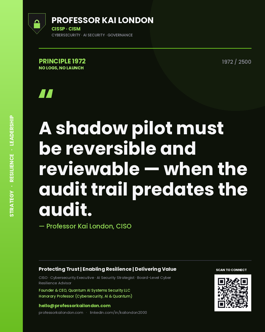 Quote card by Professor Kai London reading 'A shadow pilot must be reversible and reviewable — when the audit trail predates the audit.'. From the book No Logs, No Launch.