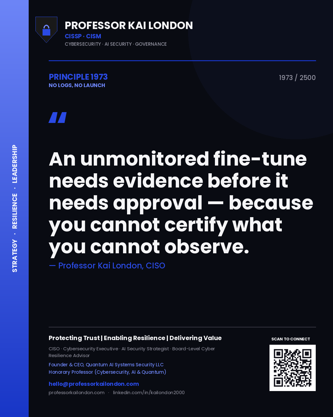 Quote card by Professor Kai London reading 'An unmonitored fine-tune needs evidence before it needs approval — because you cannot certify what you cannot observe.'. From the book No Logs, No Launch.