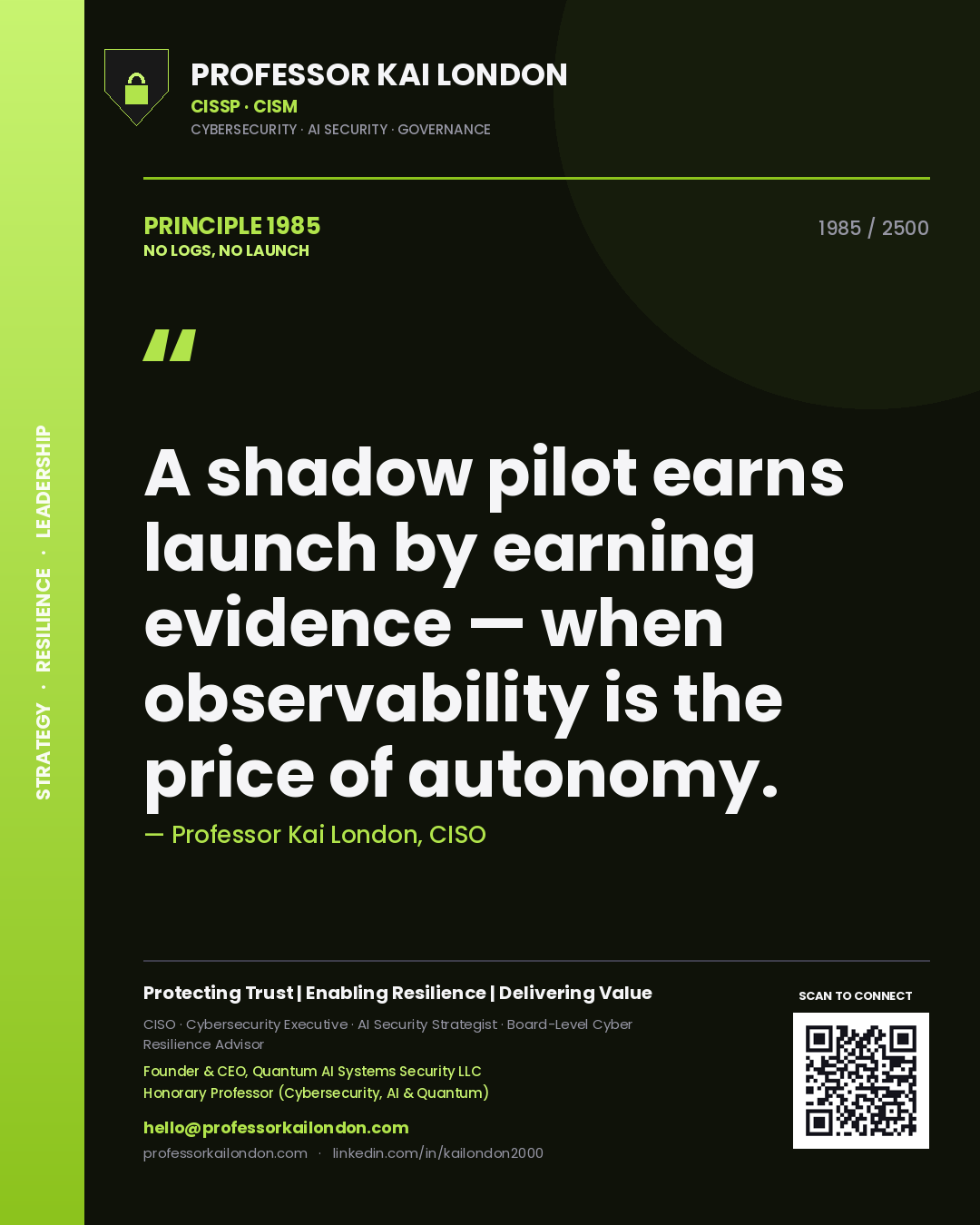 Professor Kai London principle 1985: A shadow pilot earns launch by earning evidence — when observability is the price of autonomy.