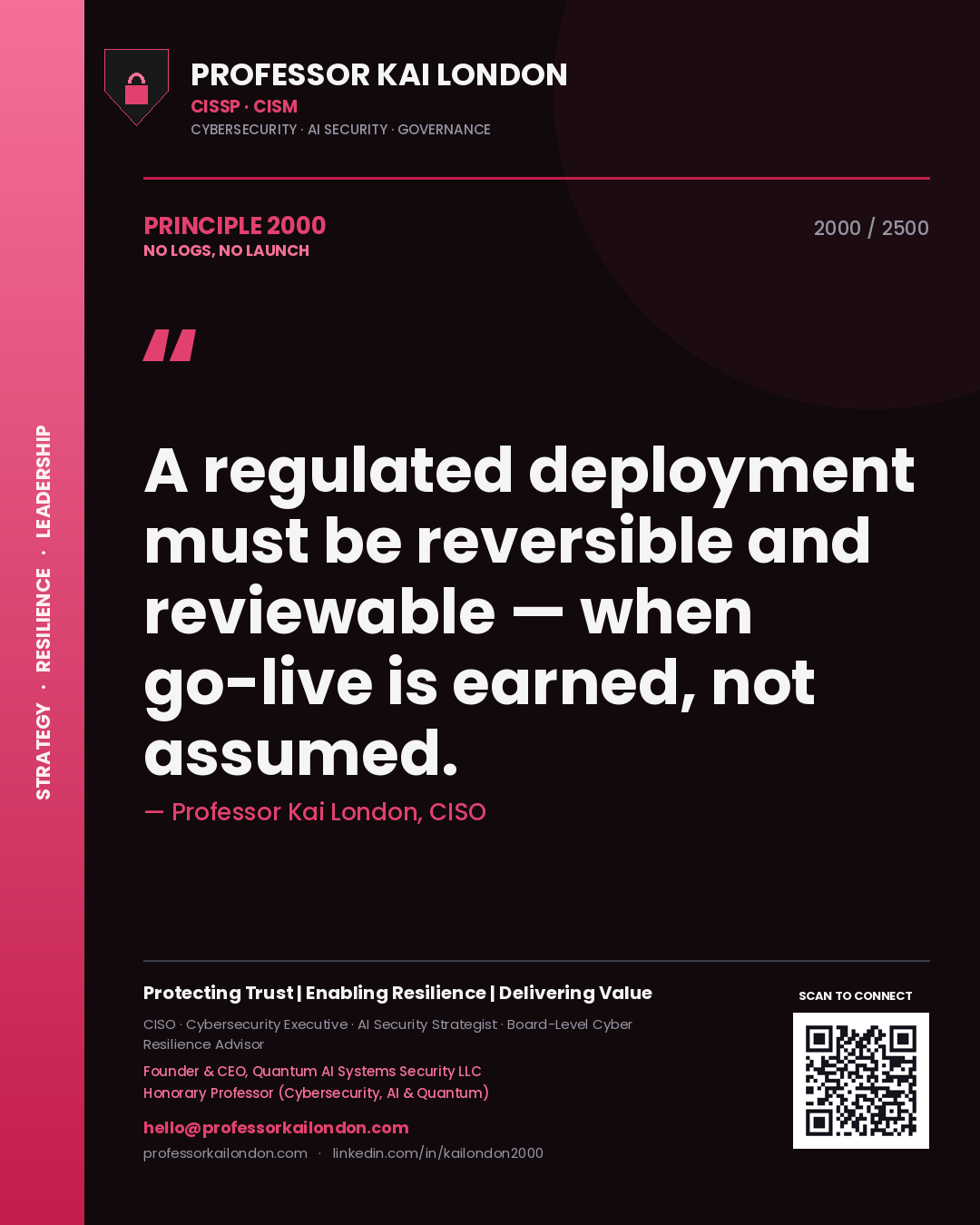 Professor Kai London principle 2000: A regulated deployment must be reversible and reviewable — when go-live is earned, not assumed.